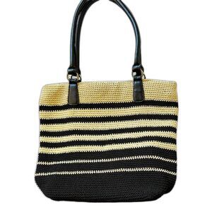 Natural and black striped crochet knit handbag, 13” x 11” x 4”